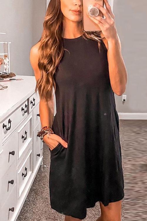 Solid Sleeveless Pockets Mini Dress