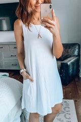 Solid Sleeveless Pockets Mini Dress