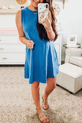 Solid Sleeveless Pockets Mini Dress