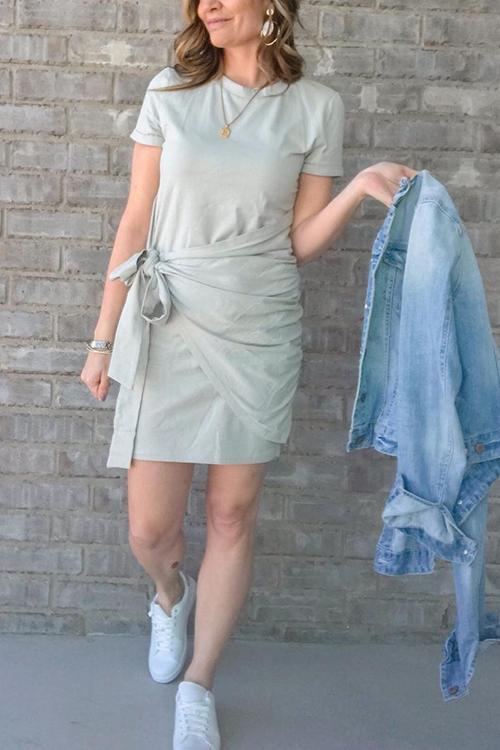 Solid Knot Short Sleeve Mini Dress