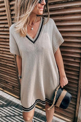 Stripe Knit V Neck Mini Dress