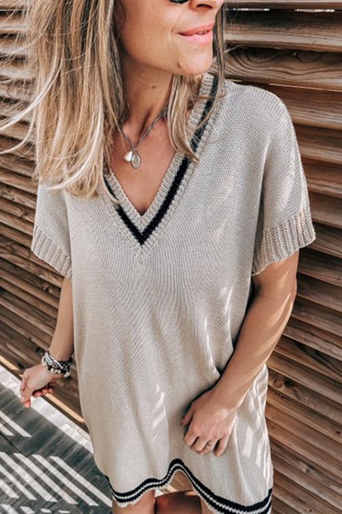 Stripe Knit V Neck Mini Dress