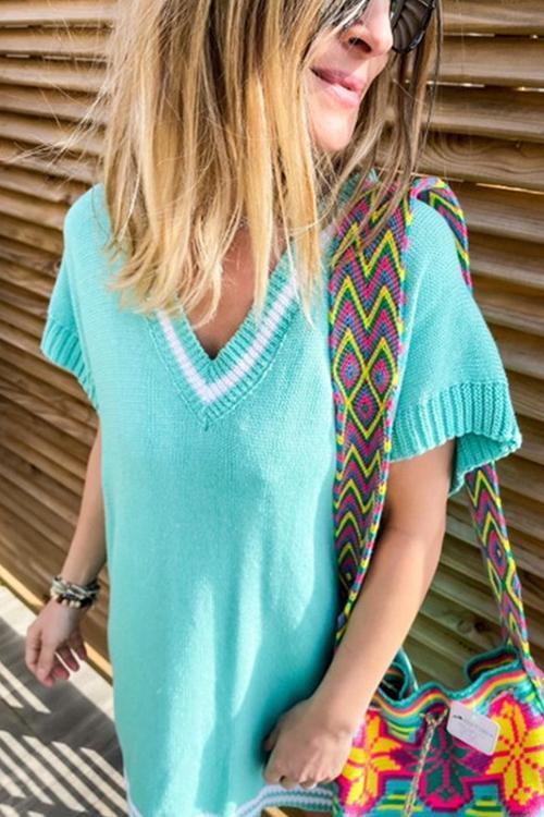Stripe Knit V Neck Mini Dress