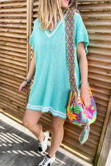 Stripe Knit V Neck Mini Dress