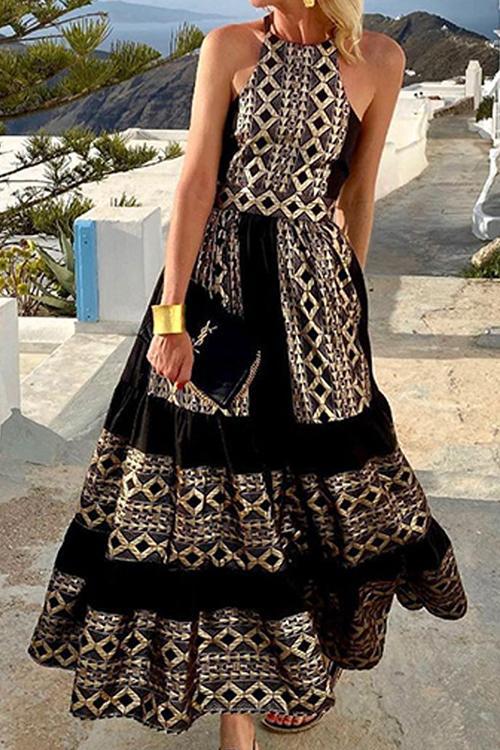 Boho Print Halter Neck Backless Maxi Dress