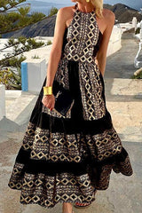 Boho Print Halter Neck Backless Maxi Dress