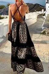 Boho Print Halter Neck Backless Maxi Dress