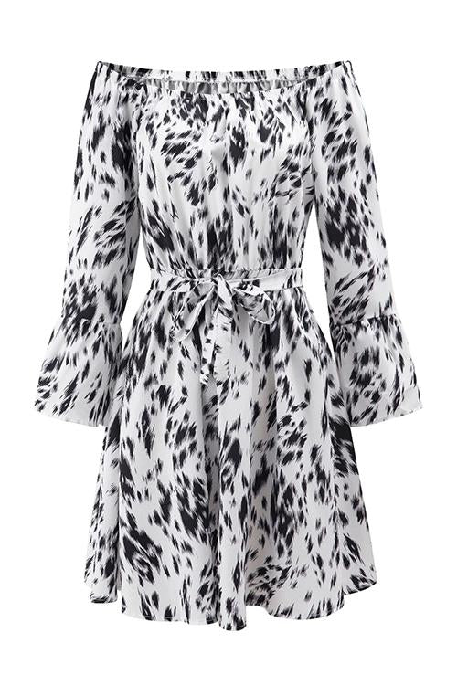 Leopard Print Off Shoulder Flares Sleeve Bleted Mini Dress
