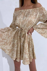 Leopard Print Off Shoulder Flares Sleeve Bleted Mini Dress