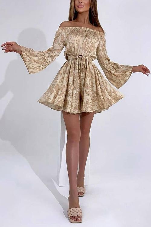Leopard Print Off Shoulder Flares Sleeve Bleted Mini Dress