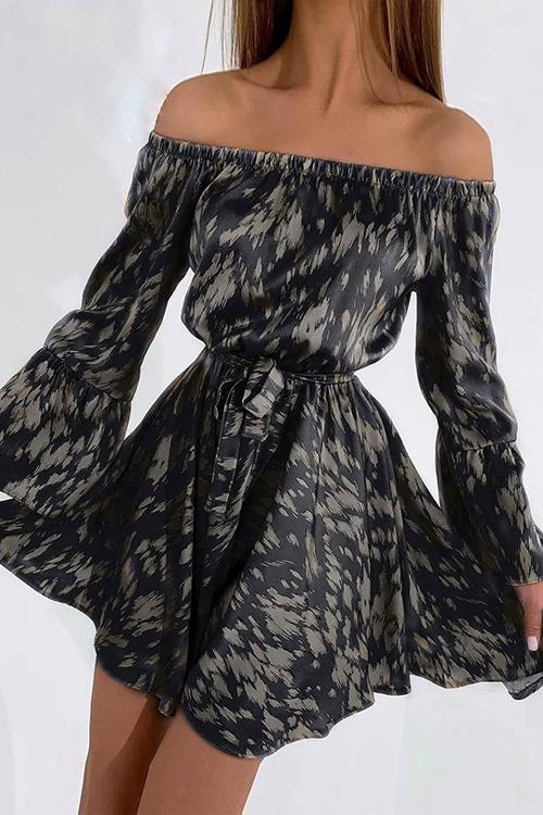Leopard Print Off Shoulder Flares Sleeve Bleted Mini Dress