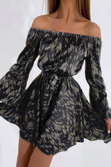 Leopard Print Off Shoulder Flares Sleeve Bleted Mini Dress
