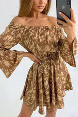 Leopard Print Off Shoulder Flares Sleeve Bleted Mini Dress