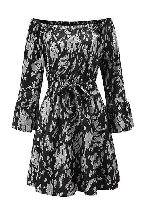 Leopard Print Off Shoulder Flares Sleeve Bleted Mini Dress