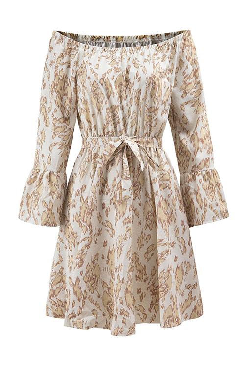 Leopard Print Off Shoulder Flares Sleeve Bleted Mini Dress