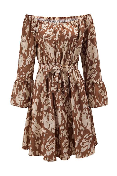 Leopard Print Off Shoulder Flares Sleeve Bleted Mini Dress