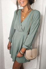 Solid V Neck Long Sleeve Mini Dress