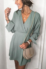 Solid V Neck Long Sleeve Mini Dress