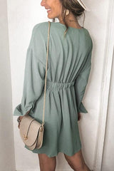 Solid V Neck Long Sleeve Mini Dress