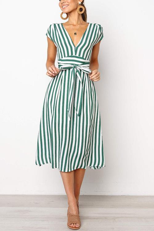 Striped V Neck Wrap Belt Midi Dress