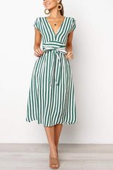 Striped V Neck Wrap Belt Midi Dress