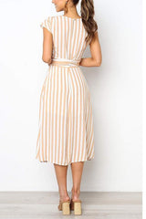 Striped V Neck Wrap Belt Midi Dress