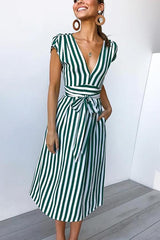Striped V Neck Wrap Belt Midi Dress