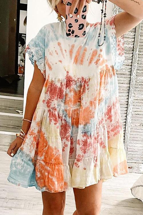 Tie Dye Ruffles Short Sleeve Mini Dress