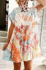 Tie Dye Ruffles Short Sleeve Mini Dress