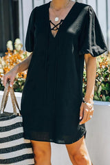 Solid Lace Up V Neck Puff Sleeve Mini Dress