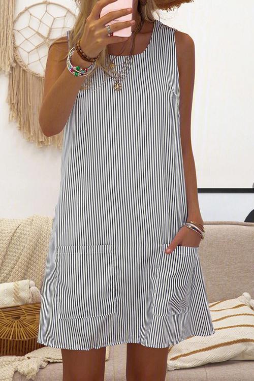 Stripe Pockets Sleeveless Mini Dress