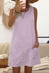 Stripe Pockets Sleeveless Mini Dress