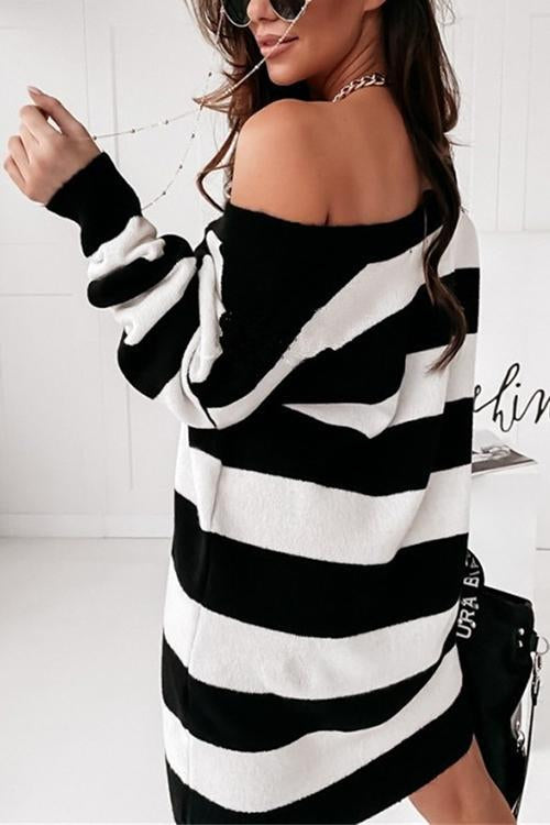 Stripe V Neck Sweater Dress