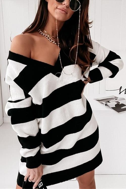 Stripe V Neck Sweater Dress