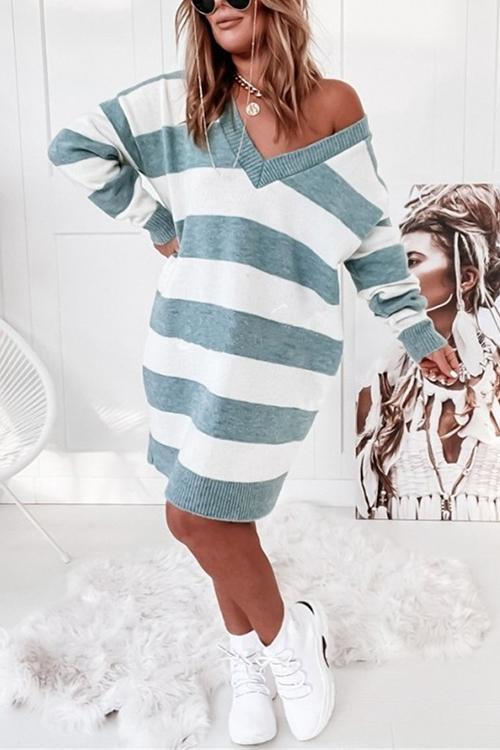Stripe V Neck Sweater Dress