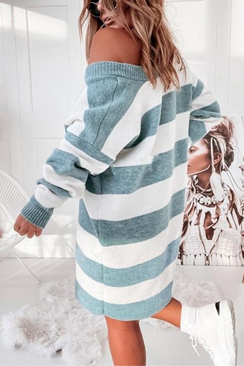 Stripe V Neck Sweater Dress