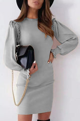 Solid Split Joint O Neck Slim Mini Dresses