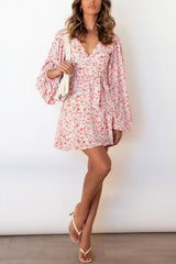 Floral Puff Long Sleeve Mini Wrap Dress
