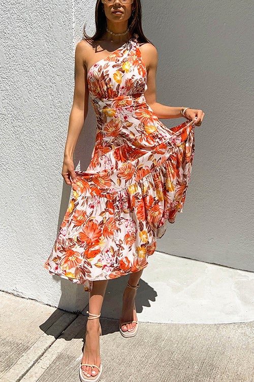Floral One Shoulder Layer Maxi Dress