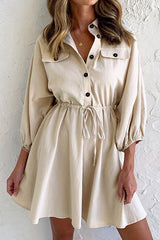 Button Draestring Long Sleeve Mini Dress