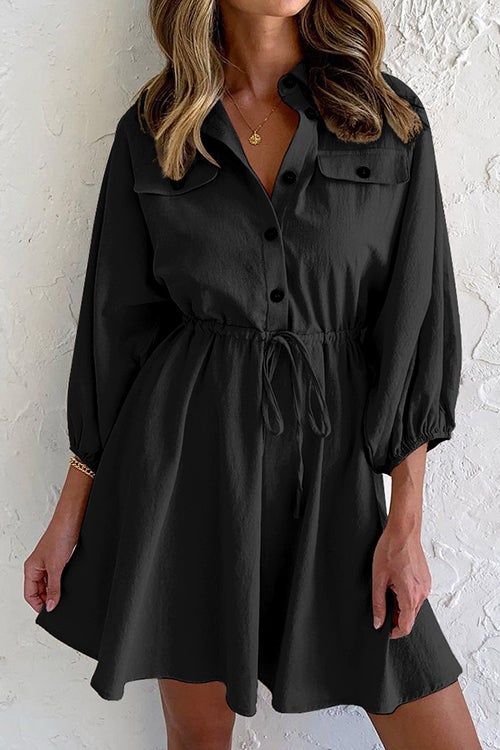 Button Draestring Long Sleeve Mini Dress