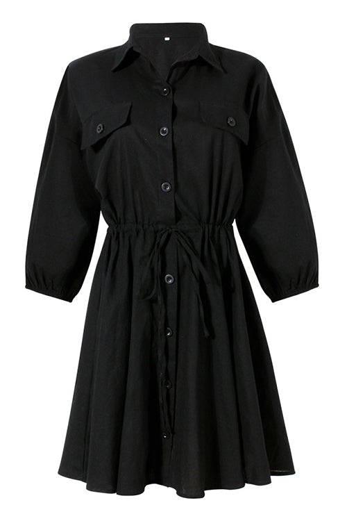 Button Draestring Long Sleeve Mini Dress