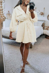 Button Draestring Long Sleeve Mini Dress