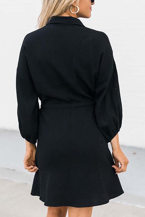Button Draestring Long Sleeve Mini Dress