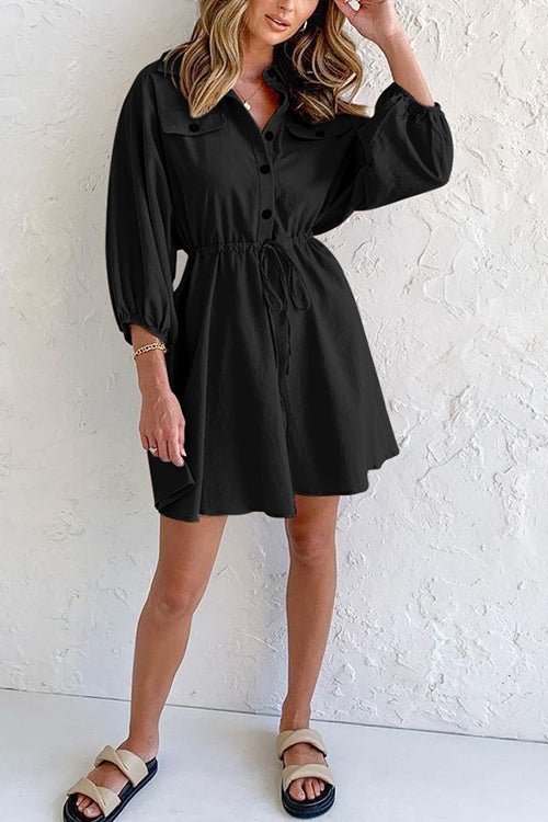 Button Draestring Long Sleeve Mini Dress