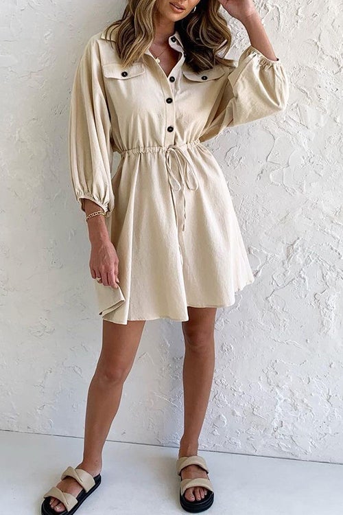 Button Draestring Long Sleeve Mini Dress