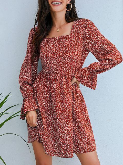 Floral Print Square Neckline Casual Dress