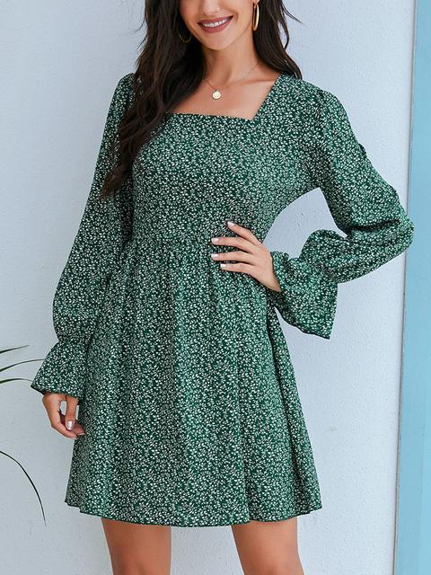 Floral Print Square Neckline Casual Dress