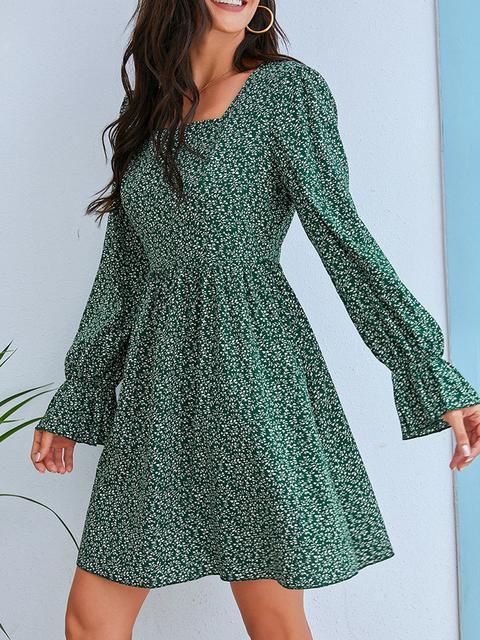 Floral Print Square Neckline Casual Dress