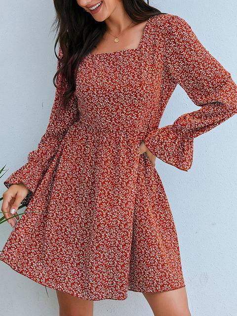 Floral Print Square Neckline Casual Dress